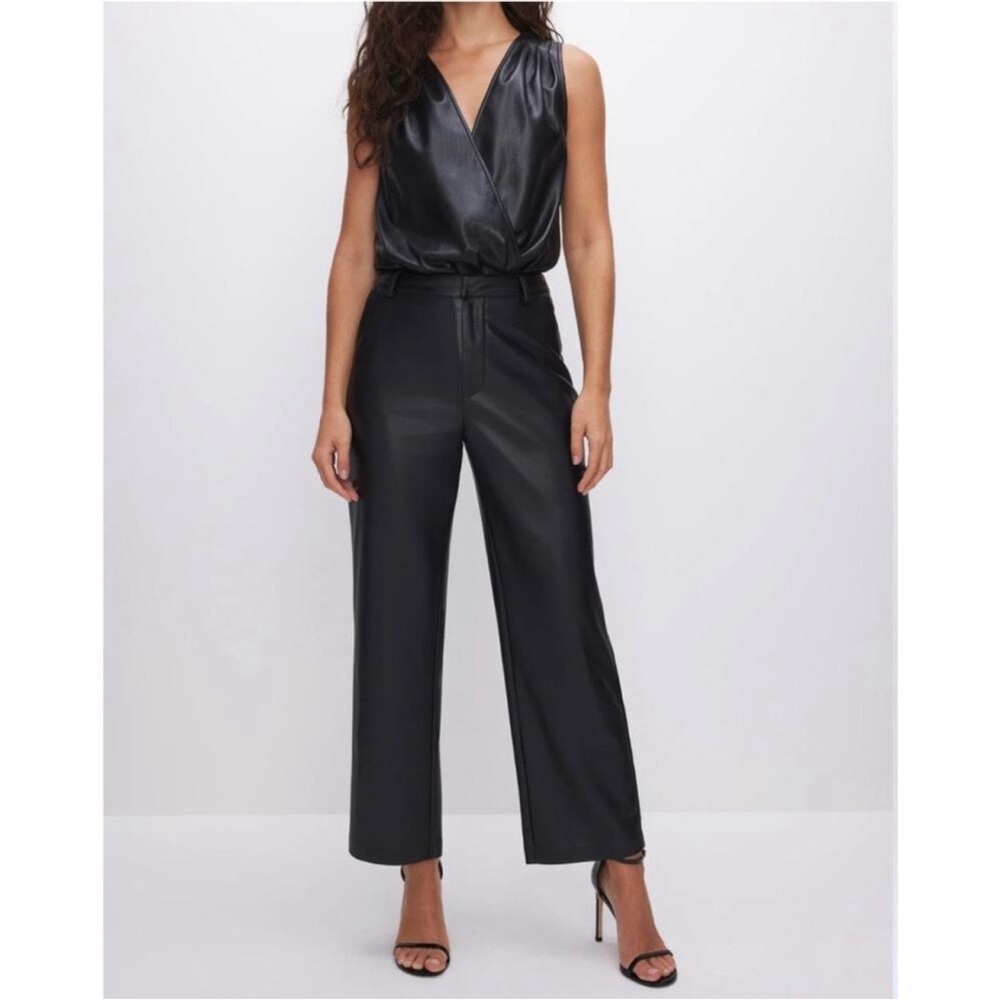 Good American Black Leather Wide Cropped Leg Pants
